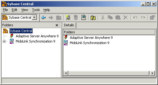 The Sybase Central main window.