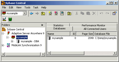Sybase Central, connected to the mysample database.