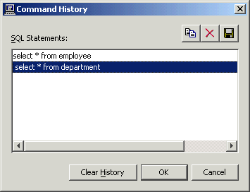 The Interactive SQL command history dialog.