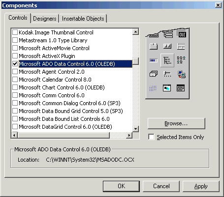 The Visual Basic Components list.