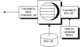 Flowchart of translation to the database collation character set, showing a message from the Shift-JIS Language library being translated to the database collation character set EUC-JIS. Once the message is translated to the database collation character set, it is then translated to the client character set.