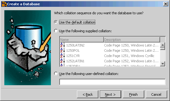 Create Database wizard, showing the page where you choose the collation sequence for a new database.