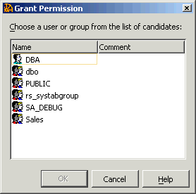 The Sybase Central Grant Permission dialog.
