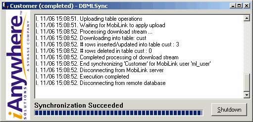 The MobiLink synchronization client window, showing a successful synchronization.