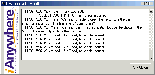 The MobiLink synchronization server window.