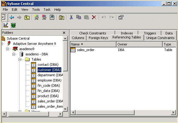 A foreign key relationship displayed in Sybase Central.