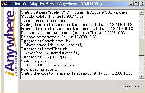 The Adaptive Server Anywhere database server window.