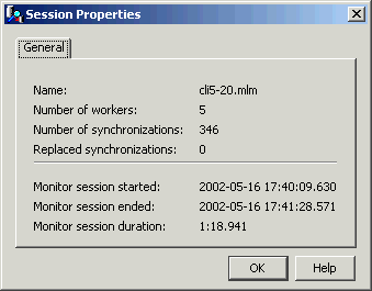 Session Properties includes the name of the file, the number of workers, the number of synchronizations and replaced synchronizations, the start and end times, and the log file duration.
