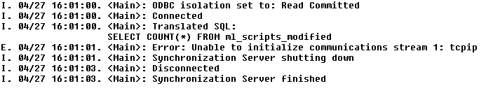 Entries in a MobiLink synchronization server message log