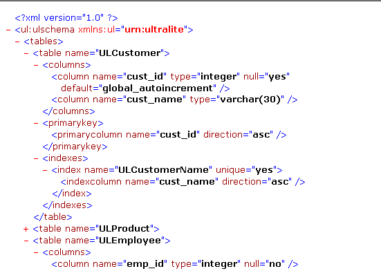 The database schema for CustDB is shown in this screen shot in XML format.