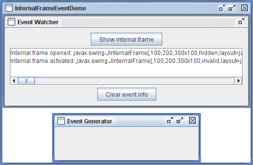 A window which demonstrates internal frame events that are fired by Event Generator frame