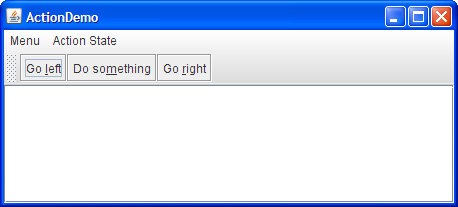 A snapshot of ActionDemo, which uses actions to coordinate menus and buttons.