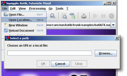 Screenshot of Squiggle showing the 'File→Open Location' menu and window