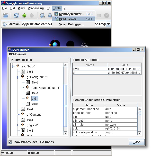 Screenshot of Squiggle showing the 'View→DOM Viewer...' menu item and the DOM viewer window
