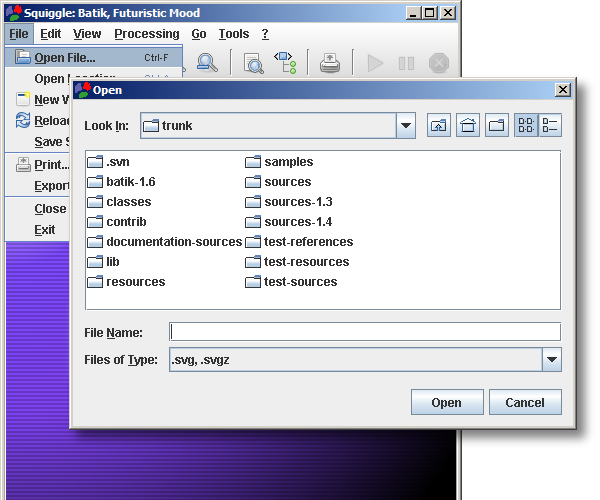 Screenshot of Squiggle showing the 'File→Open' menu and file chooser