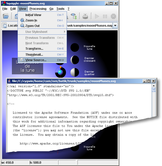 Screenshot of Squiggle showing the 'View→View Source' menu item and the source window