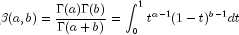 beta (a,b) = {{Gamma (a)Gamma (b)} over 
  {Gamma (a + b)}} = int_0^1 {t^{a - 1} } (1 - t)^{b - 1} dt