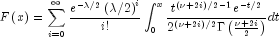 Fleft( x right) = sumlimits_{i = 0}^infty {frac{e^{-lambda/2}left(lambda/2right)^i}{i!}} 
  int_0^x {frac{t^{left(nu + 2iright)/2-1}e^{ - t/2}} {2^{left(nu+2iright)/2}{Gammaleft(frac{nu+2i}{2}right)}}}
  dt