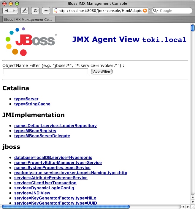 View of the JMX Management Console Web Application